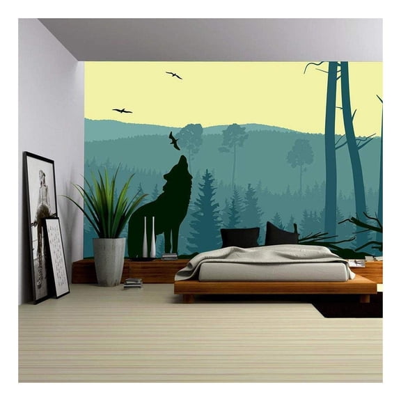 wall26 - Horizontal Abstract Banners of Wild Animals (Deer, Wolf) in Hills of Forest with Trunks of Trees in Green Tone. - Removable Wall Mural | Self-Adhesive Large Wallpaper - 66x96 inches
