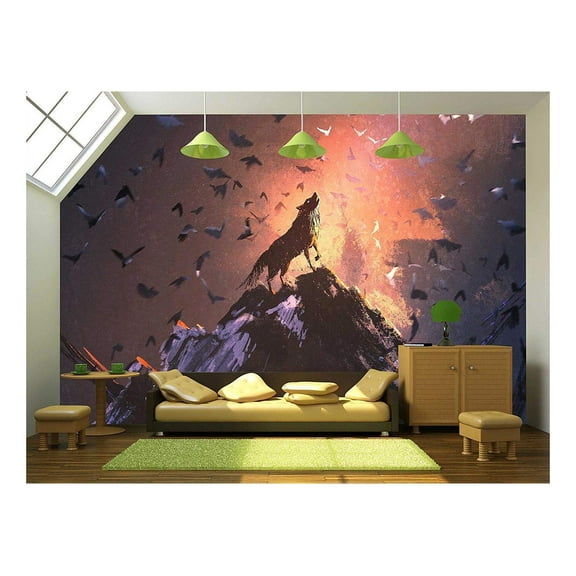 wall26 - Howling Wolf on Rock with Bird Flying Around,Illustration Painting - Removable Wall Mural | Self-Adhesive Large Wallpaper - 100x144 inches
