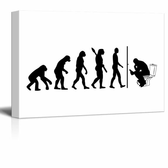 wall26 Human Evolution Canvas Wall Art - Human Evolution Comes to an Awkward Stage with Man Reading Smartphone on Toliet - Gallery Wrap Bathroom Wall Decoration | Ready to Hang - 12x18 inches