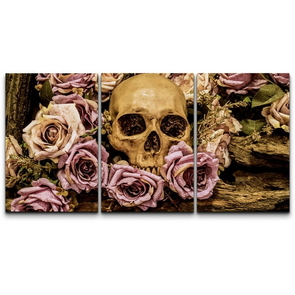 wall26 - Human Skull Roses Background - Canvas Art Wall Art - 16"x24"x3 Panels