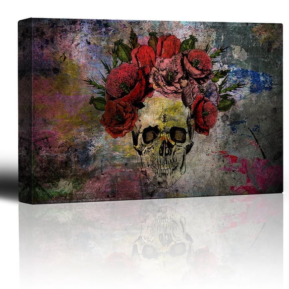 wall26 - Human Skull with Roses Flowers Over Colorful Splattered Paint - Abstract Giclee Print Canvas Wall Art Home Art - 32x48 inches