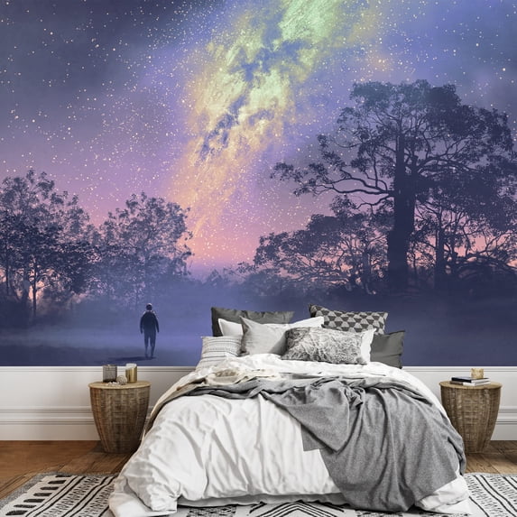 wall26 - Illustration - Man Standing Against The Milky Way Above Silhouetted Trees,Night Sky,Scenery Illustration - Removable Wall Mural | Self-Adhesive Large Wallpaper - 100x144 inches