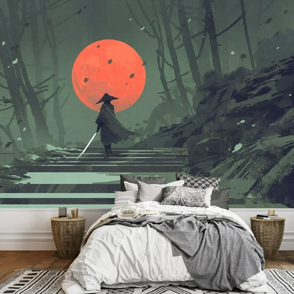 wall26 - Illustration - Samurai Standing on Stairway in Night Forest with The red Moon on Background,Illustration Painting - Removable Wall Mural | Self-Adhesive Large Wallpaper - 66x96 inches