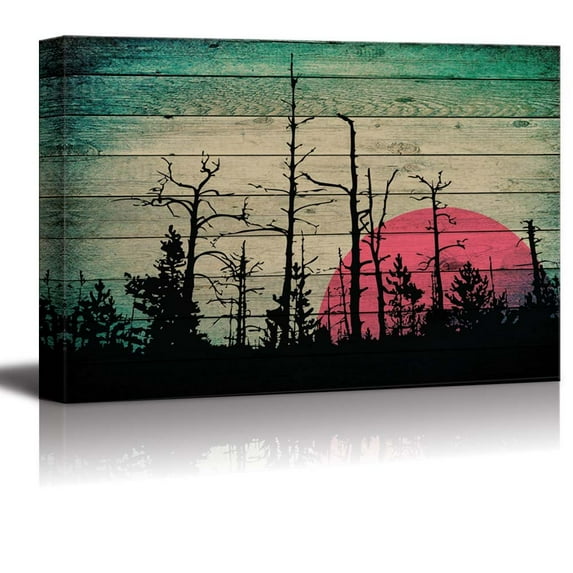 wall26 - Illustration of Silhouetes of Trees as The Sun Rises Over Wood Panels - Canvas Art Home Art - 32x48 inches