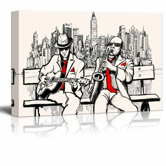 wall26 Illustration of Two Jazz Men Playing in New York Saxophone and Guitar - Canvas Art Wall Art - 24" x 36"