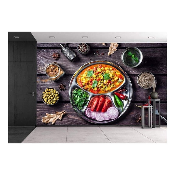 wall26 - Indian Mutter Paneer Dish with Spices on The Wooden Background - Removable Wall Mural | Self-Adhesive Large Wallpaper - 66x96 inches