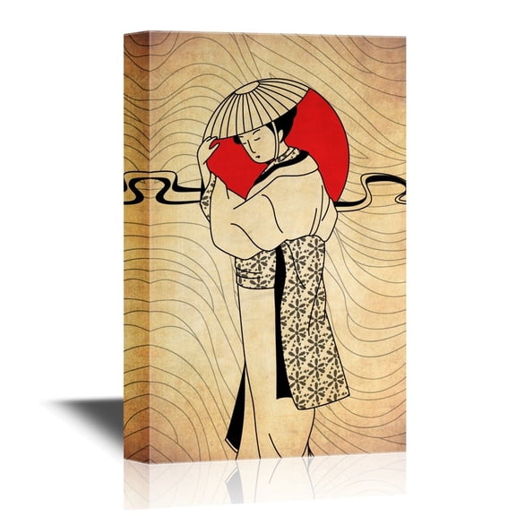 wall26 - Japanese Culture Canvas Wall Art - Japanese Woman and The Red Sun - Gallery Wrap Modern Home Art | Ready to Hang - 12x18 inches