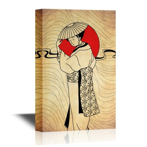 wall26 - Japanese Culture Canvas Wall Art - Japanese Woman and The Red Sun - Gallery Wrap Modern Home Art | Ready to Hang - 16x24 inches