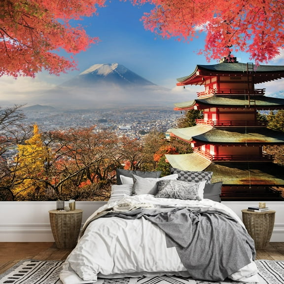 wall26 - Japanese Shrine on a Garden Looking Over Mount Fuji - Wall Mural, Removable Sticker, Home Decor - 66x96 inches