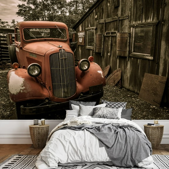 wall26 - Jerome Arizona Ghost Town Mine and Red Old Truck Car - Removable Wall Mural | Self-Adhesive Large Wallpaper - 100x144 inches