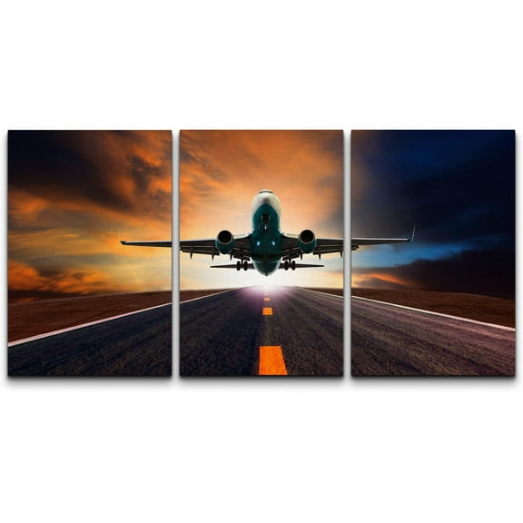 wall26 - Jet Plane Flying Over Runway - Canvas Art Wall Art - 16"x24"x3 Panels