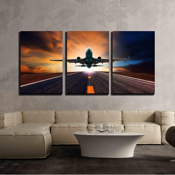 wall26 - Jet Plane Flying Over Runway - Canvas Art Wall Art - 24"x36"x3 Panels