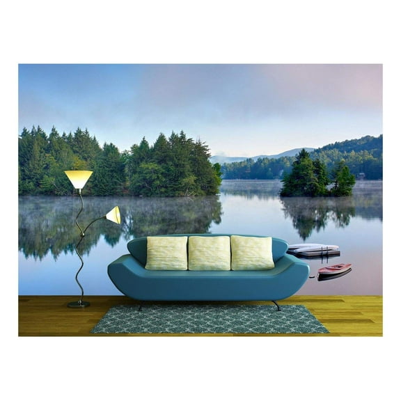 wall26 - a Lake in The Early Morning with Fog on The Water. a Boat and Dock are in The Foreground. - Removable Wall Mural | Self-Adhesive Large Wallpaper - 100x144 inches