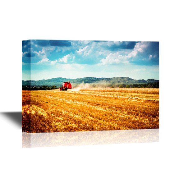 wall26 - Landscape Canvas Wall Art - Combine Harvester Working on a Corn Field - Gallery Wrap Modern Home Art | Ready to Hang - 12x18 inches