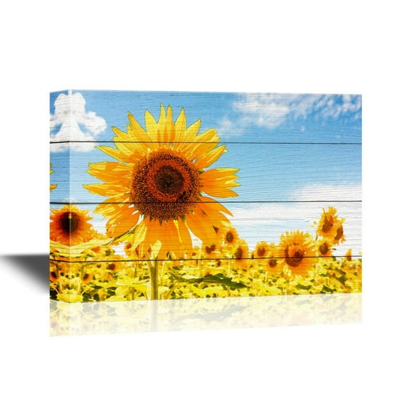 wall26 - Landscape Canvas Wall Art - Sunflower Field Under Sunny Sky - Gallery Wrap Modern Home Art | Ready to Hang - 12x18 inches