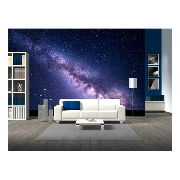 wall26 - Landscape with Purple Milky Way. Night Sky with Stars and Hills at Summer - Removable Wall Mural | Self-Adhesive Large Wallpaper - 100x144 inches