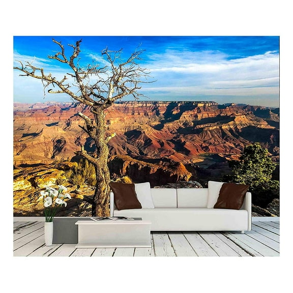 wall26 - Landscape View of Grand Canyon with Dry Tree in Foreground, Arizona, USA - Removable Wall Mural | Self-Adhesive Large Wallpaper - 100x144 inches