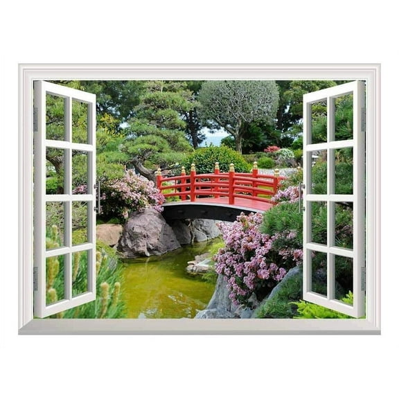 wall26 - Large Wall Mural - Beautiful Tropical Scenery/Landscape Palm Trees (24"x32", Red Bridge Over a Lake)