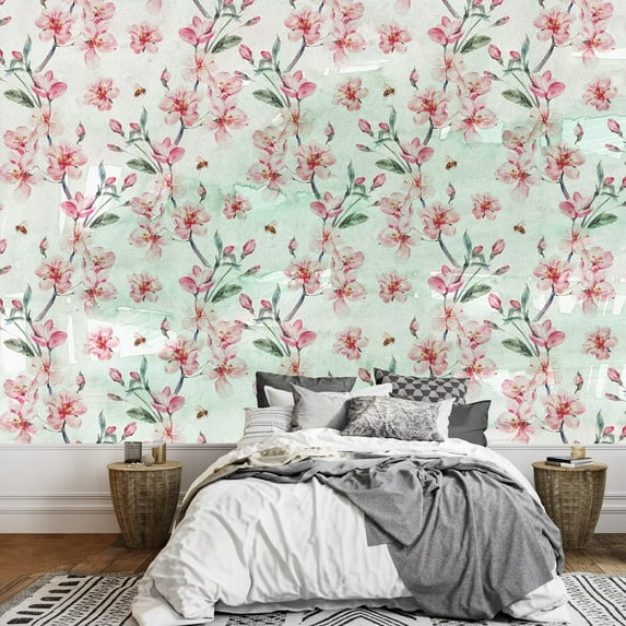 wall26 - Large Wall Mural - Blooming Pink Cherry Flowers on Abstract Background | Self-Adhesive Vinyl Wallpaper/Removable Modern Wall Decor - 100x144 inches