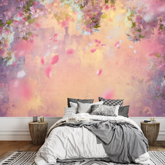 wall26 - Large Wall Mural - Dreamlike Pink Cherry Blossom with Petals Flying in The Wind | Self-Adhesive Vinyl Wallpaper/Removable Modern Wall Decor - 100x144 inches