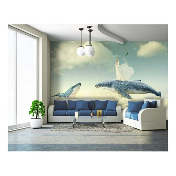wall26 - Large Wall Mural - Fantasy Series - Girl and Flying Whales Above The Clouds | Self-Adhesive Vinyl Wallpaper/Removable Modern Wall Decor - 66x96 inches