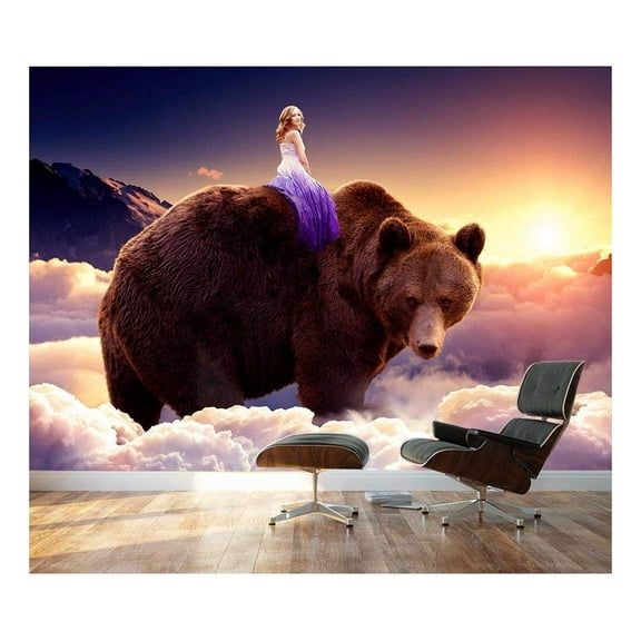wall26 - Large Wall Mural - Fantasy Series - Girl Riding on The Back of a Bear with Clouds | Self-Adhesive Vinyl Wallpaper/Removable Modern Wall Decor - 100x144 inches