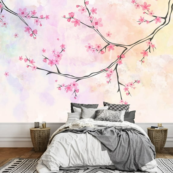 wall26 - Large Wall Mural - Pink Blooming Cherry Flowers on The Branch with Abstract Background | Self-Adhesive Vinyl Wallpaper/Removable Modern Wall Decor - 66x96 inches