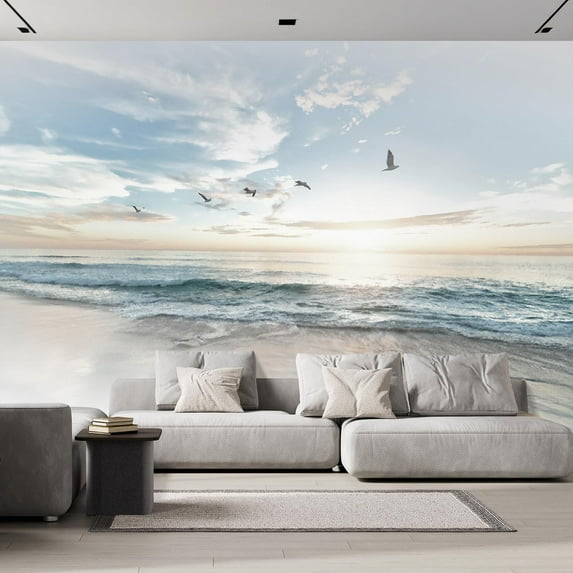 wall26 - Large Wall Mural - Seacape with Waves on The Beach and Flying Seagulls | Self-Adhesive Vinyl Wallpaper/Removable Modern Wall Decor - 100x144 inches