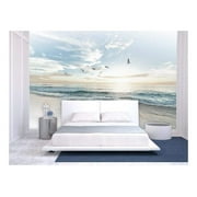 wall26 - Large Wall Mural - Seacape with Waves on The Beach and Flying Seagulls | Self-Adhesive Vinyl Wallpaper/Removable Modern Wall Decor - 66x96 inches