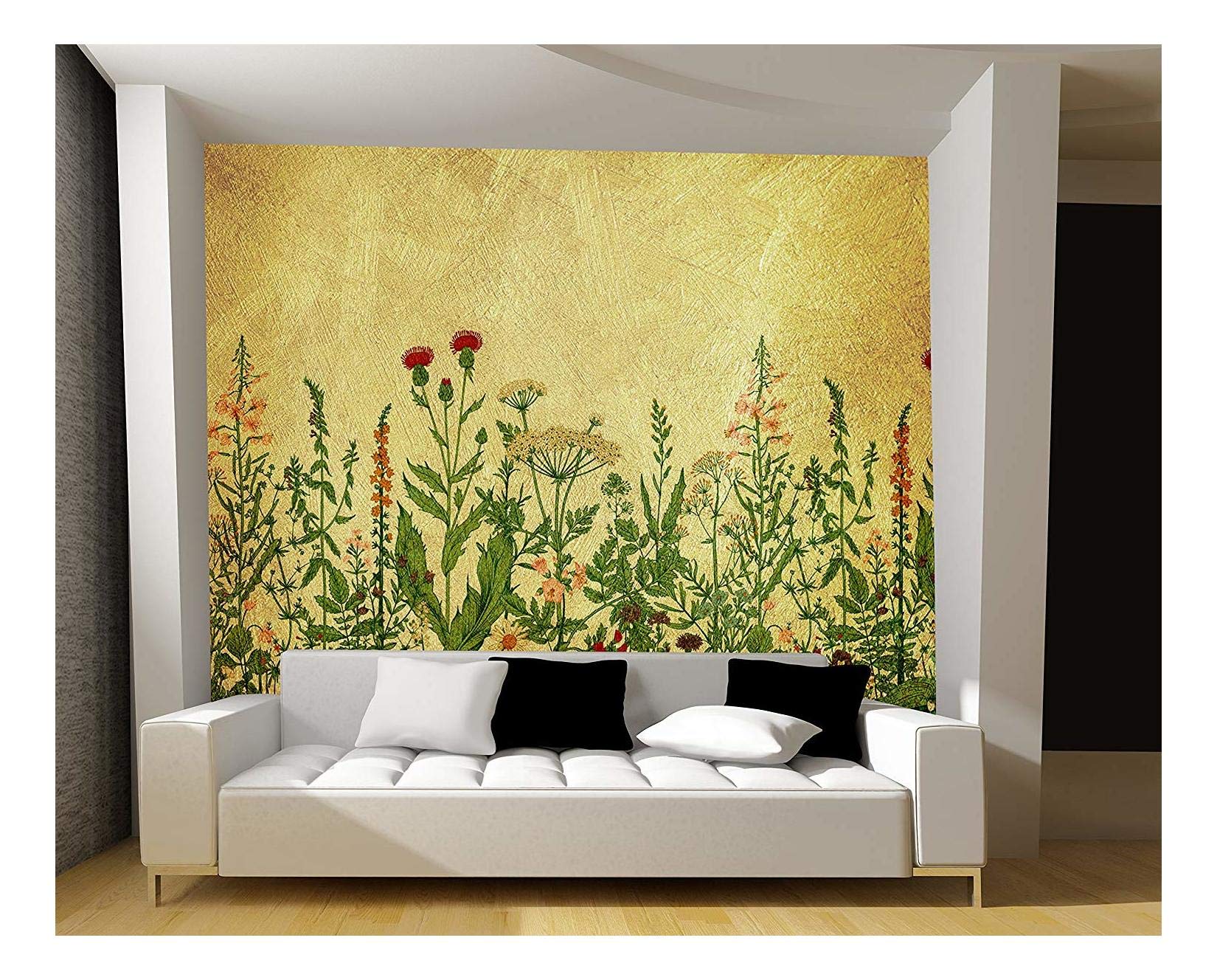 wall26 - Large Wall Mural - Various Flowers on Golden Textured Background | Self-Adhesive Vinyl Wallpaper/Removable Modern Wall Decor - 100x144 inches
