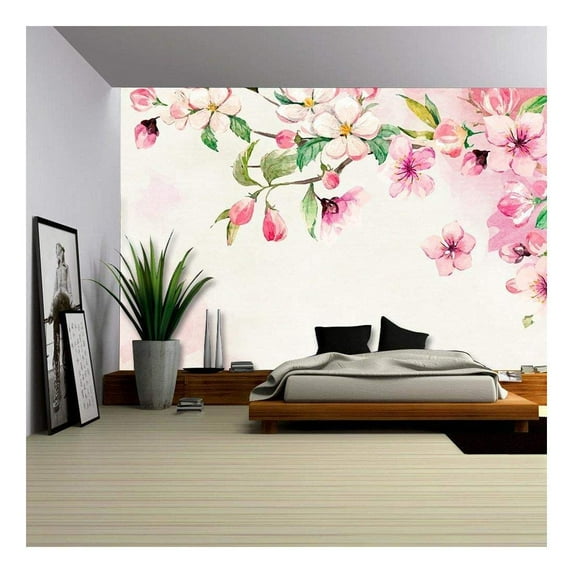 wall26 - Large Wall Mural - Watercolor Style Ink Painting Pink Cherry Blossom on Branch | Self-Adhesive Vinyl Wallpaper/Removable Modern Wall Decor - 100x144 inches