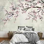 wall26 - Large Wall Mural - Watercolor Style Ink Painting Pink Cherry Blossom on Vintage Wall Background | Self-Adhesive Vinyl Wallpaper/Removable Modern Wall Decor - 100x144 inches
