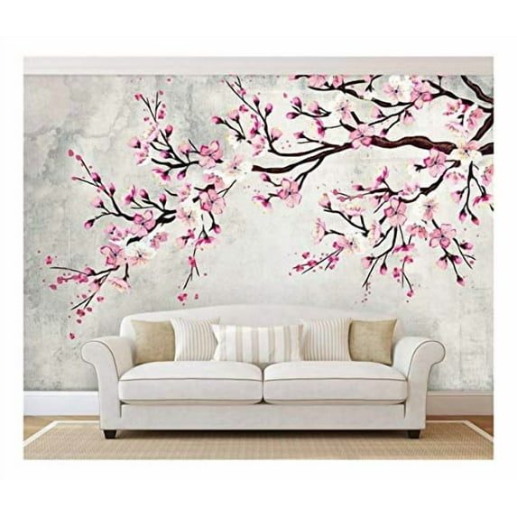 wall26 - Large Wall Mural - Watercolor Style Ink Painting Pink Cherry Blossom on Vintage Wall Background | Self-Adhesive Vinyl Wallpaper/Removable Modern Wall Decor - 100x144 inches