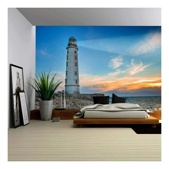 wall26 - Lighthouse Searchlight Beam Through Sea Air at Night. Seascape at Sunset - Removable Wall Mural | Self-Adhesive Large Wallpaper - 66x96 inches