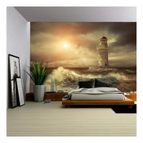 wall26 - Lighthouse on The Sea Under Sky. - Removable Wall Mural | Self-Adhesive Large Wallpaper - 100x144 inches
