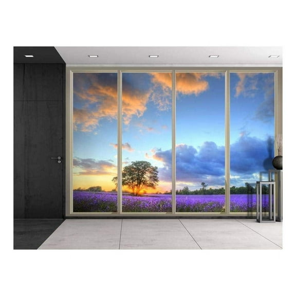 wall26 - Lone Tree on a Field of Purple Flowers as The Sun Rises Viewed from Sliding Door - Creative Wall Mural, Peel and Stick Wallpaper, Home Decor - 66x96 inches