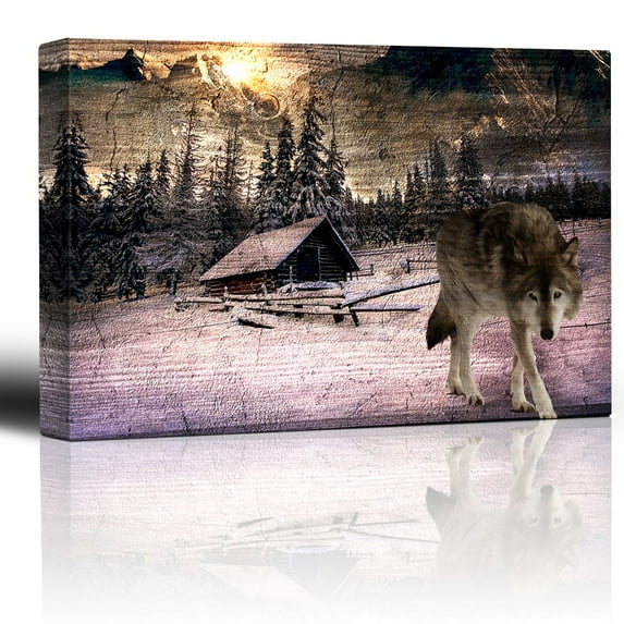 wall26 - Lone Wolf Roaming Around a Mountain Cabin - Canvas Art Home Art - 32x48 inches