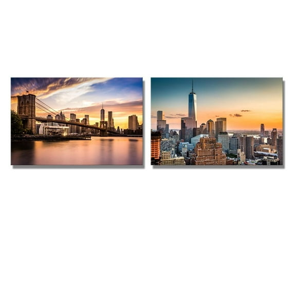 wall26 Lower Manhattan Skyline and Brooklyn Bridge at Sunset - Canvas Art Wall Art - 16"x24" x 2 Panels