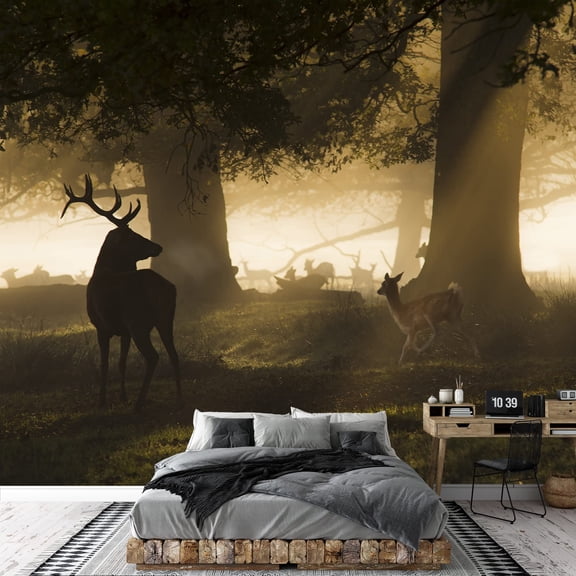 wall26 - Male red Deer Looking a Group of Fallow Deer Running - Removable Wall Mural | Self-Adhesive Large Wallpaper - 100x144 inches