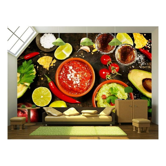 wall26 - Mexican Food Concept: Tortilla Chips, Guacamole, Salsa, Tequila Shots and Fresh Ingredients - Removable Wall Mural | Self-Adhesive Large Wallpaper - 66x96 inches