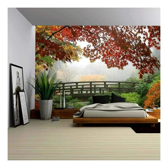 wall26 - Misty Fall Morning in Portland'S Japanese Gardens - Removable Wall Mural | Self-Adhesive Large Wallpaper - 66x96 inches