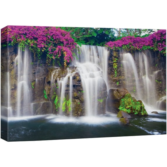 wall26 - Misty Waterfall Picturesque Flowers - Canvas Art Home Art - 12x18 inches