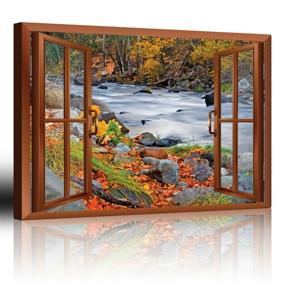 wall26 - Modern Copper Window Looking Out Into a Rocky River Surrounded by Trees - Canvas Art Home Art - 24x36 inches