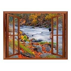 wall26 Modern Copper Window Looking Out Into a Rocky River Surrounded by Trees - Wall Mural, Removable Sticker, Home Decor - 24x32 inches