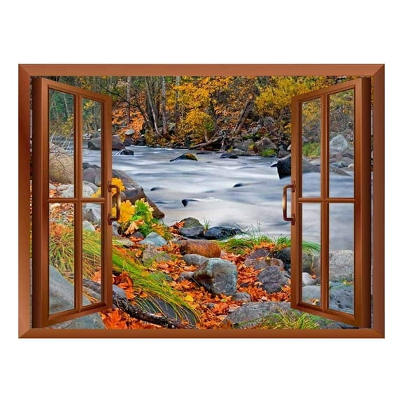 wall26 Modern Copper Window Looking Out Into a Rocky River Surrounded by Trees - Wall Mural, Removable Sticker, Home Decor - 24x32 inches