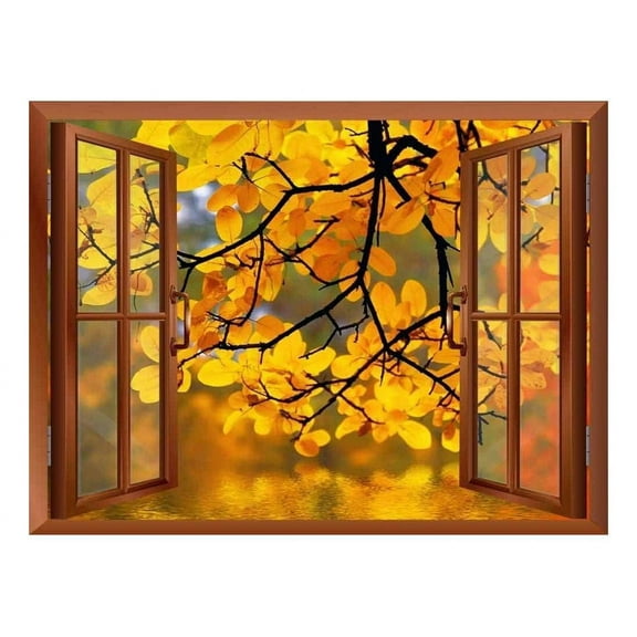 wall26 Modern Copper Window Looking Out Into a Yellow Tree Framing a Lake - Wall Mural, Removable Sticker, Home Decor - 24x32 inches