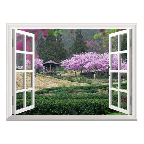 wall26 Modern White Window Looking Out Into a Japanese Garden with Cherry Blossom Trees and a Kiosk - Wall Mural, Removable Sticker, Home Decor - 36x48 inches
