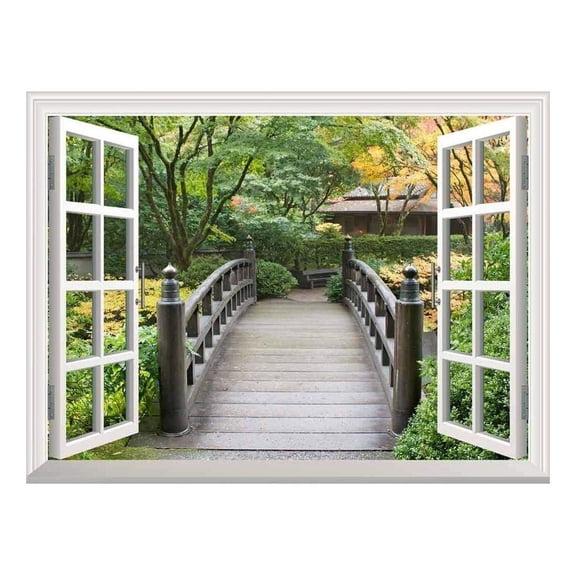 wall26 Modern White Window Looking Out Into a Bridge Surrounded by Trees - Wall Mural, Removable Sticker, Home Decor - 24x32 inches