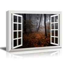 wall26 - Modern White Window Looking Out Into a Dark Foggy Forest During Fall Time - Canvas Art Home Art - 24x36 inches