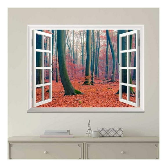 wall26 - Modern White Window Looking Out Into a Forest During Fall Time - Wall Mural, Removable Sticker, Home Decor - 36x48 inches